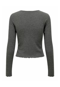 Pull gris foncé à manches longues côtelé avec bords festonnés sur l'ourlet et les poignets, vu de dos.