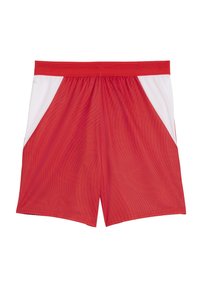 Pantalones cortos deportivos rojos con una textura suave, que presentan paneles laterales blancos y un sutil patrón de ondas en toda la tela. Cintura elástica.