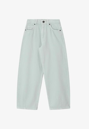 Jean gris clair taille haute à jambes larges avec bouton devant, fermeture éclair, passants de ceinture et cinq poches sur fond blanc.