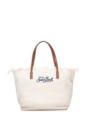 Kremfarvet stofshopper med brune læderhåndtag, broderet "MC2 Saint Barth" logo og diskret blomsterhulmønster.