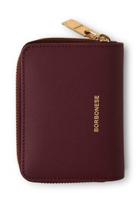 Burgunderfarbenes Leder-Zipper-Wallet mit goldenem Reißverschluss und "BORBONESE" in gold auf der Vorderseite geprägt.