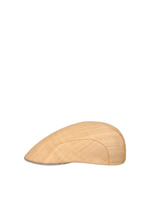 Light brown woven flat cap with curved panels and a short brim, designed for casual wear.