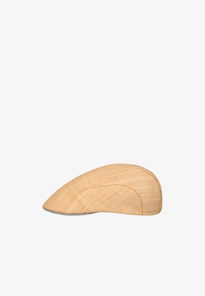 Light brown woven flat cap with curved panels and a short brim, designed for casual wear.
