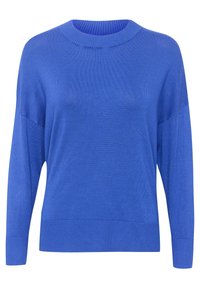 Blauer Pullover aus weichem Strickmaterial, mit rundem Halsausschnitt, weiten Ärmeln und gerippten Bündchen und Saum. Glatte Textur mit minimalen Details.