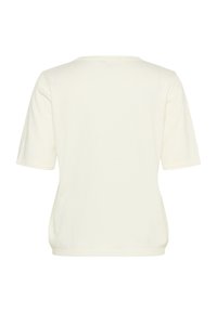 Cremefarbenes Kurzarm-Top mit rundem Ausschnitt. Weiche Textur und entspannte Passform. Nahtloses Rückendesign ohne sichtbare Verzierungen.