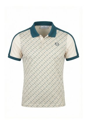 Beige en teal polo met geometrisch patroon aan de voorkant, effen beige mouwen met teal bies, en een teal kraag met drieknopsbies.