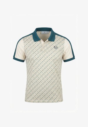 Beige en teal polo met geometrisch patroon aan de voorkant, effen beige mouwen met teal bies, en een teal kraag met drieknopsbies.
