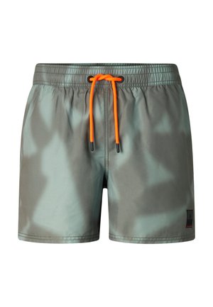 Szaro-zielone kąpielówki z jasnopomarańczowym sznurkiem i elastycznym pasem, ozdobione małą czarną naszywką z logo na dole prawej nogawki.