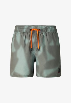 Szaro-zielone kąpielówki z jasnopomarańczowym sznurkiem i elastycznym pasem, ozdobione małą czarną naszywką z logo na dole prawej nogawki.