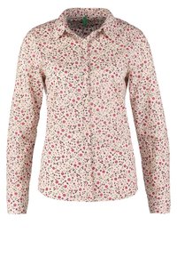 Blommig knapplång skjorta med långa ärmar, med en krämfärgad bakgrund och rosa rosor. Tillverkad av mjukt, lätt tyg.