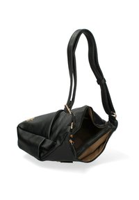 Borsa a spalla nera in pelle con superficie texturizzata, tracolla singola regolabile e scomparto con zip. L'interno è in tessuto beige.