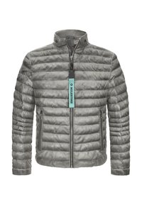 Grau gesteppte Jacke mit hohem Kragen, Reißverschluss, zwei seitlichen Taschen und einem Etikett mit dem Markennamen "MILESTONE." Glatte Textur.
