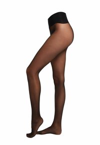Tights negros transparentes con acabado mate, una cinturilla opaca ancha y una textura suave, que se extienden desde la cintura hasta los dedos de los pies.