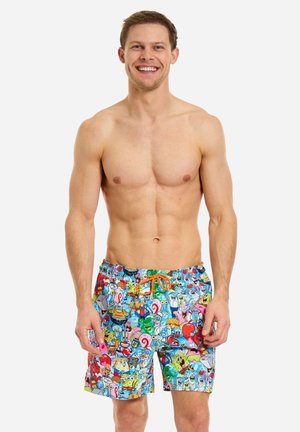 Maillots de bain pour hommes en tissu léger, avec un imprimé de personnage de dessin animé coloré, une taille élastique et un cordon de serrage orange.