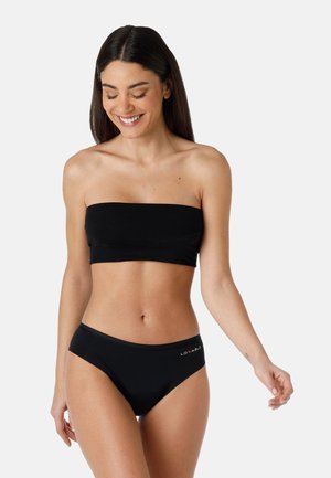 Top bandeau nero e brief coordinato realizzati in un tessuto morbido e elasticizzato. Presentano un dettaglio con logo sull'elastico e un design che offre una copertura minima.