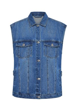 Ärmellose blaue Jeansweste mit vorderer Knopfleiste, zwei Brustklappentaschen mit Knöpfen und seitlichen Verstelllaschen.