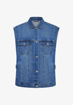 Veste sans manches en denim bleu avec fermeture à boutons à l'avant, deux poches poitrine à rabat avec boutons, et pattes d'ajustement latérales.