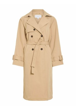 Beežika kahekordse rinnanööbiga trents, suur krae, vöödetail ja nööbiga kaunistused. Valmistatud siledast kangast, pikkade varrukatega.