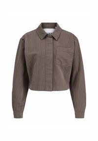 Brown cropped jacket with vertical white stripes, featuring a collar, long sleeves, and a chest pocket. Textured cotton fabric.