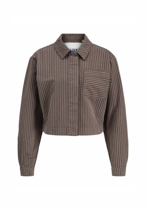 Veste courte marron avec des rayures blanches verticales, dotée d'un col, de manches longues et d'une poche poitrine. Tissu en coton texturé.