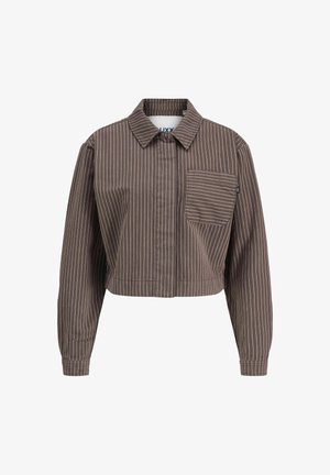 Ruskea lyhythihainen takki, jossa on pystysuorat valkoiset raidat, kaulus, pitkät hihat ja rintatasku. Kankaan rakenne on puuvillaneulosta.