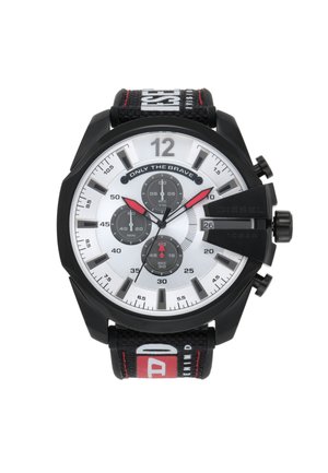 Black and white Diesel chronograph watch with red accents, fabric strap, three subdials, date window, and "Only The Brave" text on dial.
