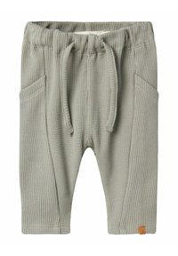 Grijze gebreide broek met een gestructureerd wafelpatroon, elastische tailleband, trekkoord, twee zijzakken en een klein logo-label bij de zoom.
