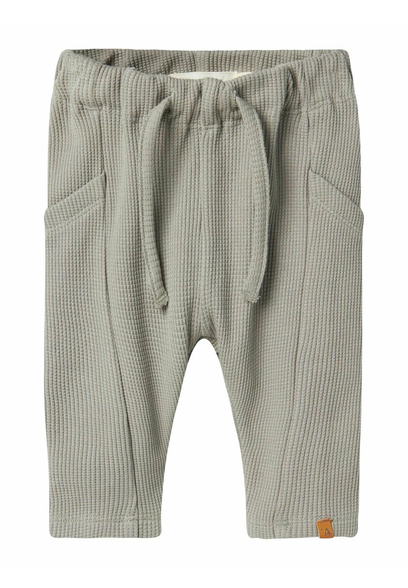 Grijze gebreide broek met een gestructureerd wafelpatroon, elastische tailleband, trekkoord, twee zijzakken en een klein logo-label bij de zoom.