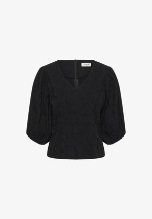 Černý top s balónovými rukávy a výstřihem do V. Texturovaná tkanina s jemným vzorem. Zapínání na zip na zadní straně, úzký pas.