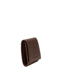 Portafoglio in pelle marrone con una texture liscia, forma rettangolare, design compatto e logo visibile sull'esterno. Sottile e pieghevole.