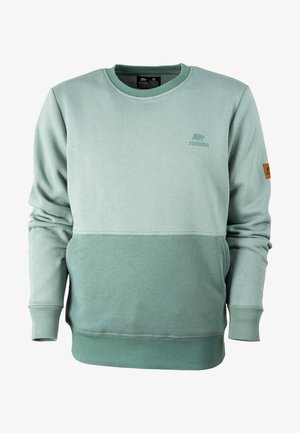 Hellgrünes Forsberg Sweatshirt mit Rundhalsausschnitt, gerippten Bündchen und Saum, mit kleinem Bärenlogo auf der Brust und einem Aufnäher am Ärmel.