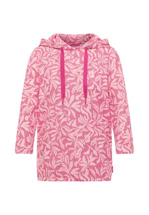 Felpa con cappuccio rosa a maniche lunghe, decorata con un motivo di foglie rosa più chiaro e dotata di coulisse di colore rosa scuro.