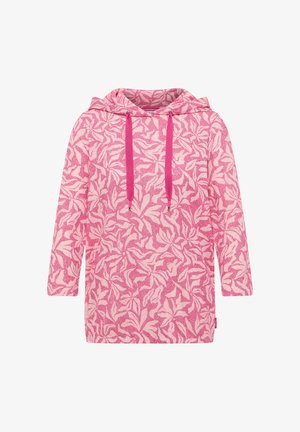 Felpa con cappuccio rosa a maniche lunghe, decorata con un motivo di foglie rosa più chiaro e dotata di coulisse di colore rosa scuro.