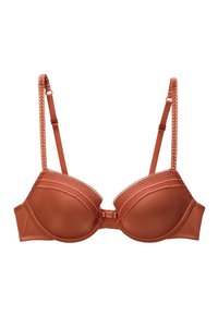 Soutien-gorge en bronze avec des bonnets rembourrés, des détails en dentelle le long du bord supérieur, des bretelles ajustables et une fermeture à agrafes au centre. Texture douce et lisse.