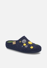 Pantofole in feltro blu navy con un interno verde, caratterizzate da applicazioni rotonde multicolori in giallo e grigio e un'etichetta beige chiaro.