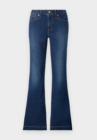 Jeans di denim a zampa d'elefante in blu scuro, dotati di tasche anteriori, bottoni metallici e dettagli di cucitura discreti. Tessuto in cotone con una texture liscia.