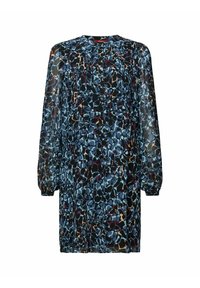 Robe longueur genou à manches longues avec devant boutonné et motif abstrait bleu, noir, beige et bordeaux sur tissu transparent.