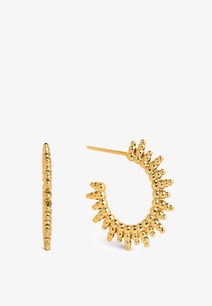 Boucles d'oreilles créoles en or avec des pointes texturées en forme de perles espacées uniformément autour du bord extérieur, vues de face et de profil.
