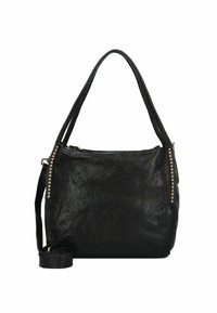 Borsa a mano in pelle nera con finitura testurizzata. Presenta borchie in tonalità oro lungo il lato, manici doppi e chiusura con zip.