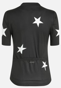 Zwart fietsjersey met korte mouwen, voorzien van witte sterpatronen, elastische tailleband en een logo op de rug. Gemaakt van een lichtgewicht materiaal.