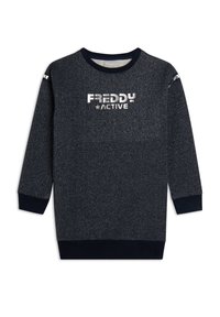 Felpa blu navy con finitura testurizzata, caratterizzata dalla scritta "FREDDY ACTIVE" in argento, maniche lunghe e collo e polsini a coste.