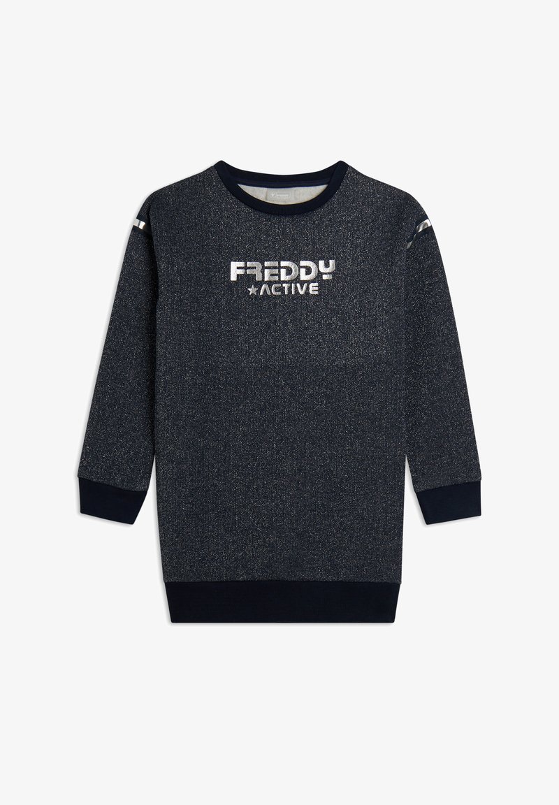 Felpa blu navy con finitura testurizzata, caratterizzata dalla scritta "FREDDY ACTIVE" in argento, maniche lunghe e collo e polsini a coste.