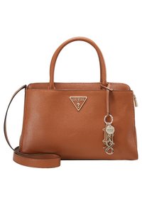 Sac à main synthétique texturé marron avec double poignée, sangle d'épaule amovible et accent logo ton argent. Fermeture éclair avec pendentif étiquette.