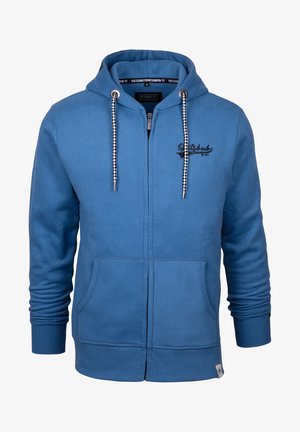 Blue zip-up hoodie made of cotton blend material. Features a front pocket, ribbed cuffs, and checkered drawstring accents. Black logo on chest.