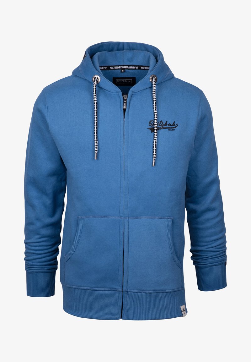 Blaues Zip-Hoodie aus Mischgewebe. Verfügt über eine Fronttasche, gerippte Bündchen und karierten Kordelzug. Schwarzes Logo auf der Brust.