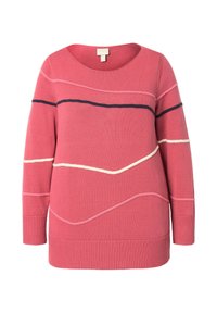 Różowy sweter dzianinowy z okrągłym dekoltem. Posiada faliste paski w ciemnym niebieskim, jasnym różowym i kremowym kolorze. Ribbowane mankiety i dół.