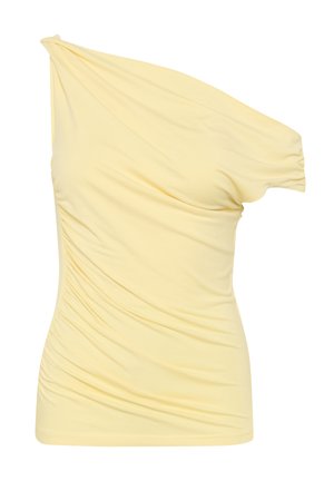 Asymmetrische gele top gemaakt van zachte jersey stof, met gedrapeerde details en een enkele korte mouw voor een relaxte pasvorm.