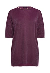 Krótki rękaw, luźny top w głębokim purpurowym połyskującym materiale, z okrągłym dekoltem ozdobionym kremowymi koralikami wokół kołnierza.