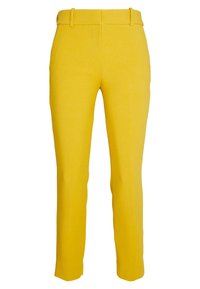 Gele maatwerkbroek met een gladde textuur, slim fit en ceintuurhaken. Beschikt over een klassieke tailleband en minimale stikseldetails.
