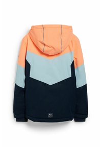 Colorful jacket featuring an orange, light blue, and navy color block design with a hood, long sleeves, and a logo at the hem.
